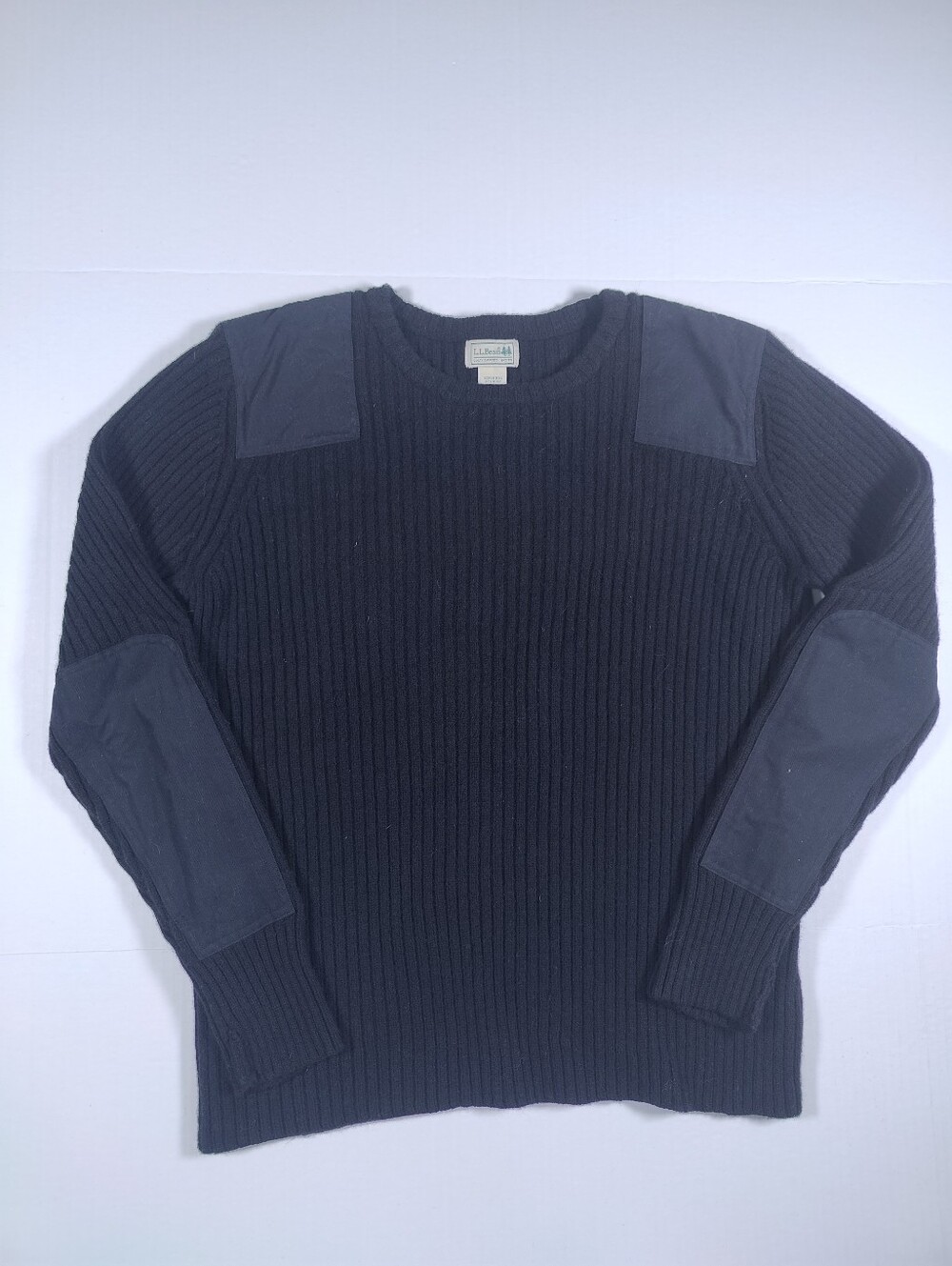 Vintage LL Bean Commando 100% Wool Black Ribbed Knit Sweater Sz 2X Elbow Pads